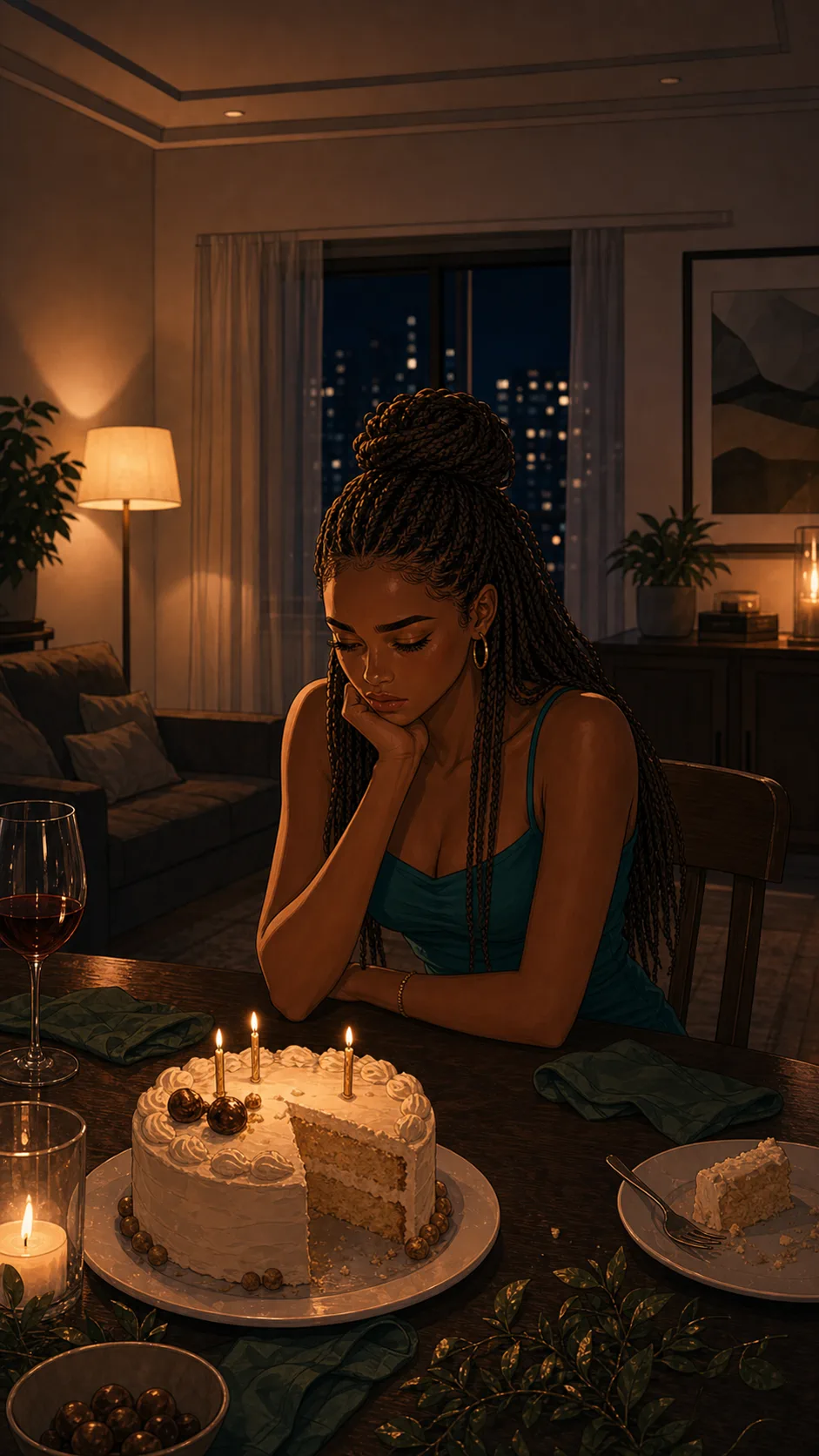 Lena sits alone after the birthday dinner, looking at the cake.