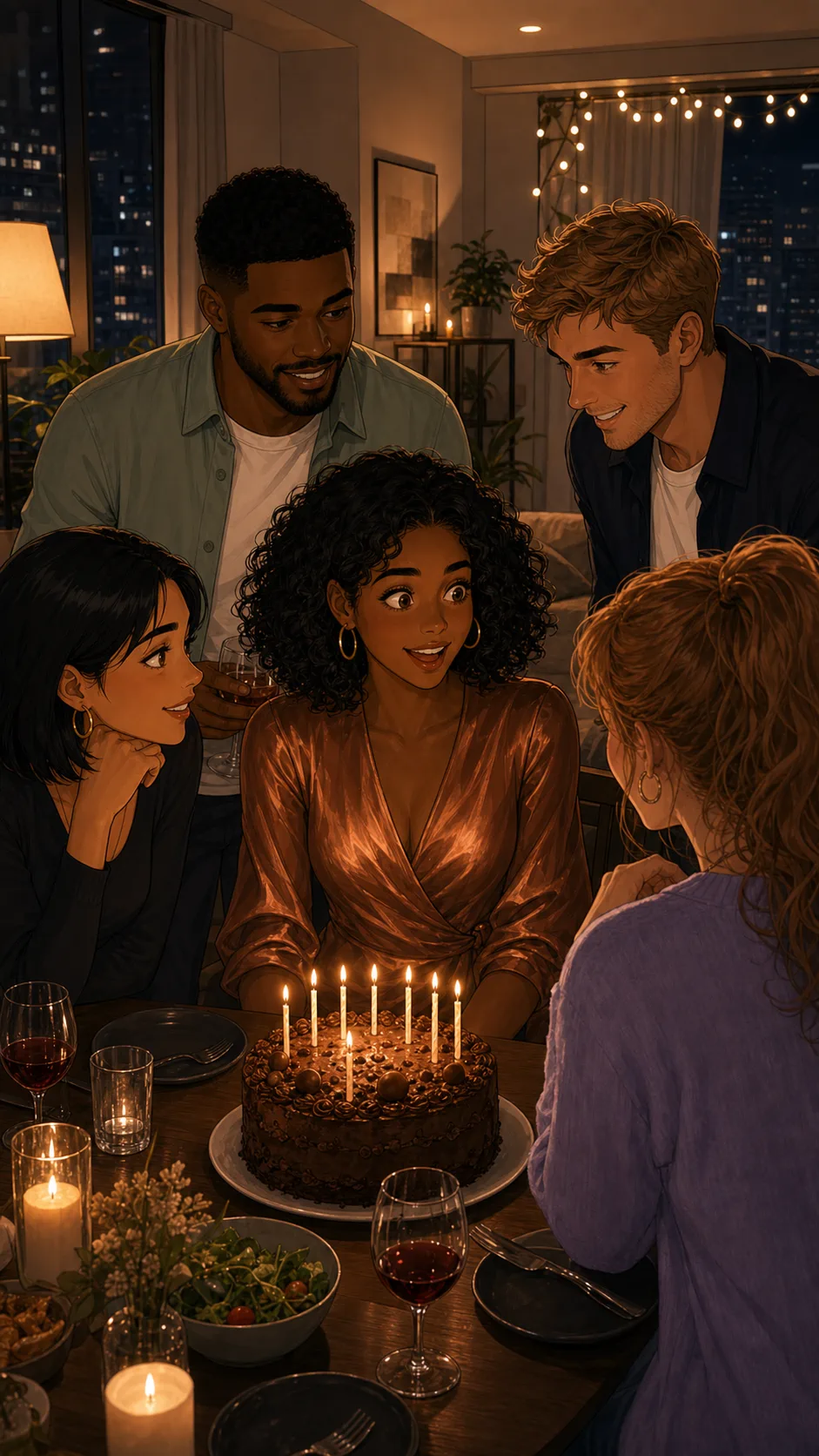 Naya sits at a cozy birthday dinner with a small cake.
