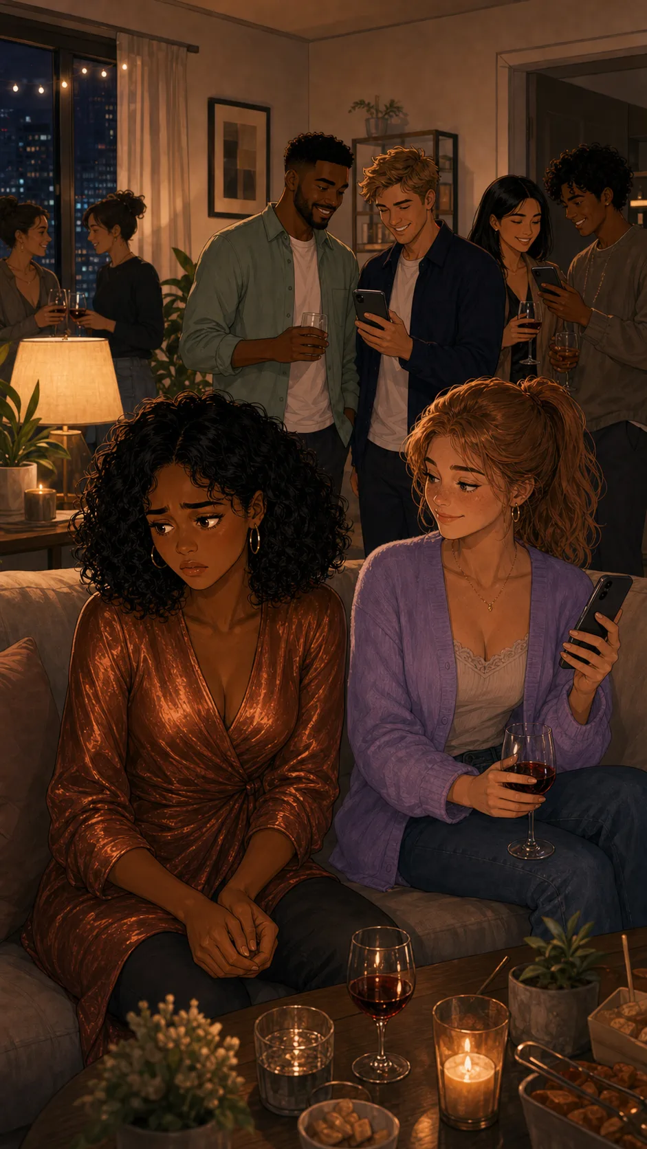 Friends react warmly while Naya looks uneasy.