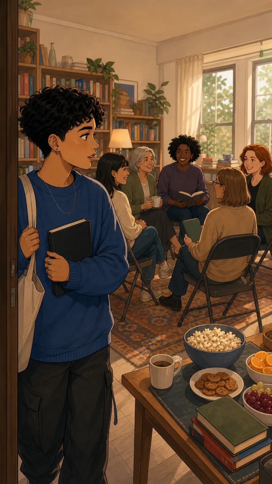 Jules arrives at a cozy neighborhood book club.