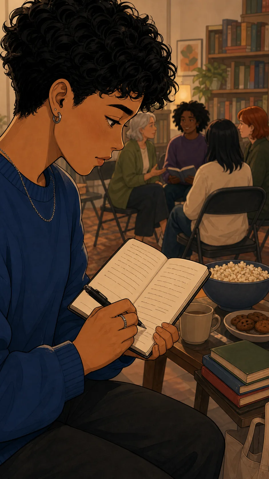 Jules writes private reading notes in a small notebook.