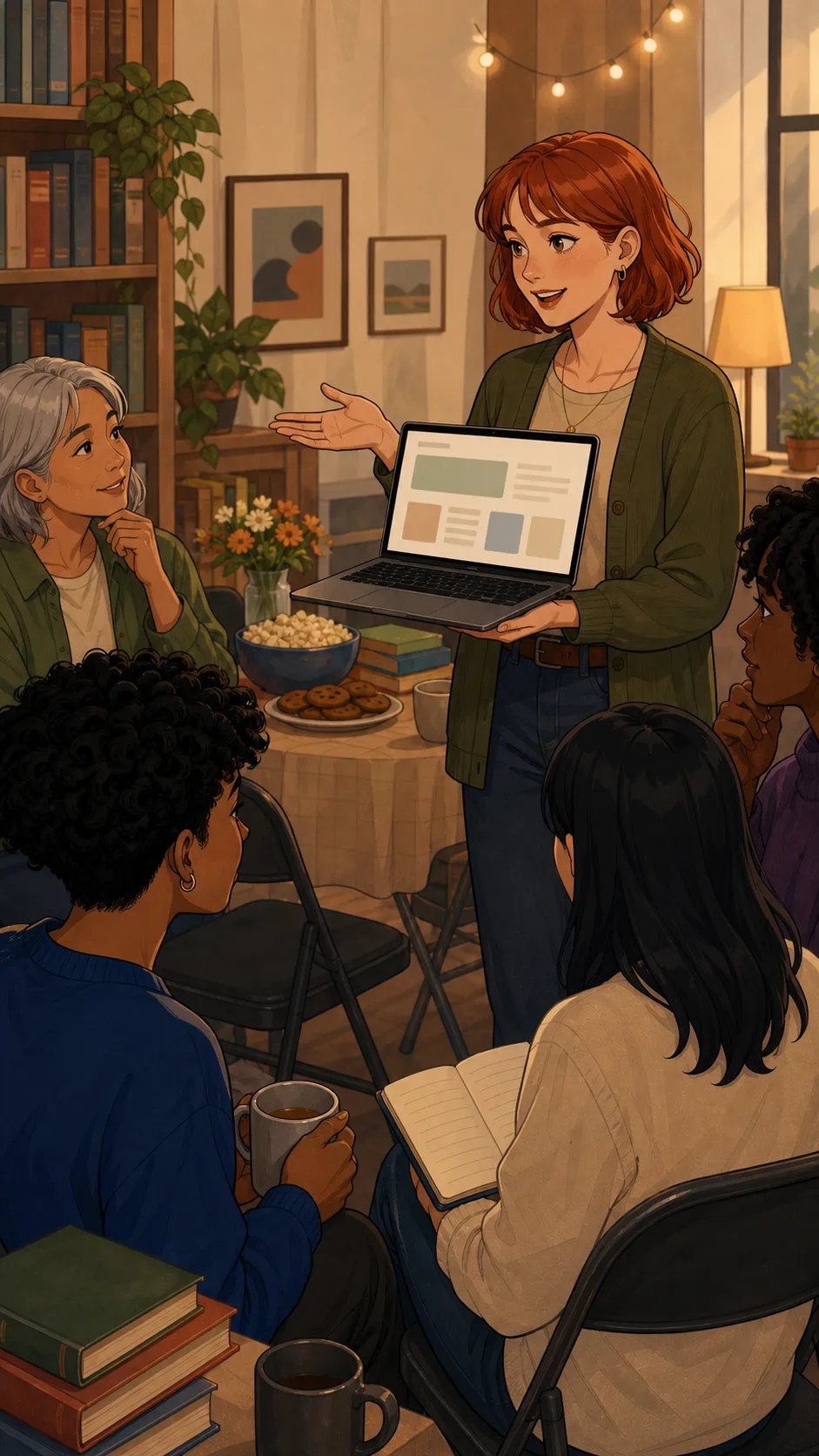 Mara asks the book club for newsletter highlights.