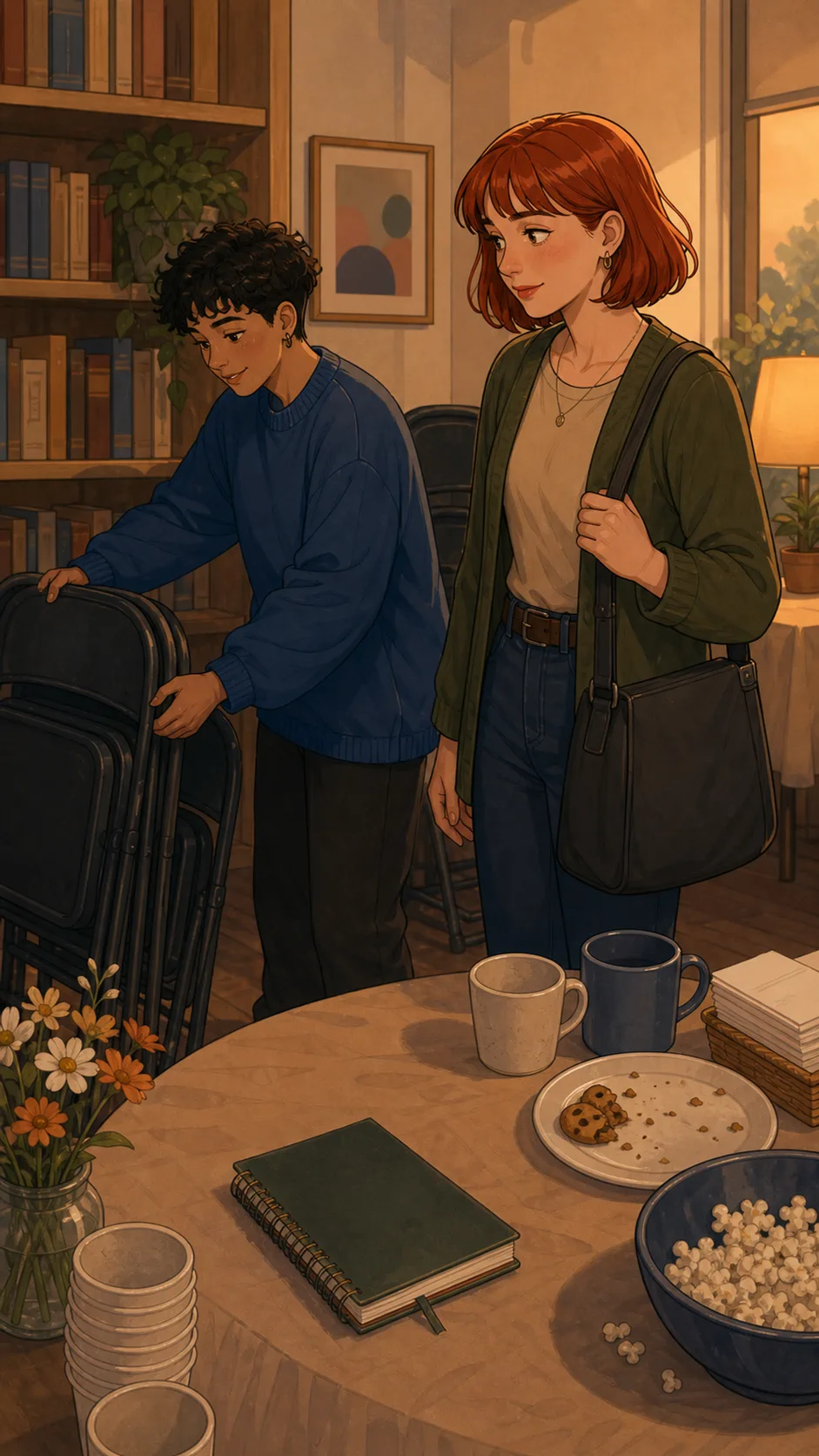Jules leaves a small notebook on the snack table during cleanup.