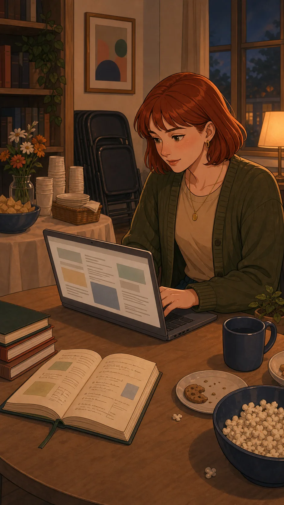 Mara drafts a newsletter with Jules's notebook nearby.