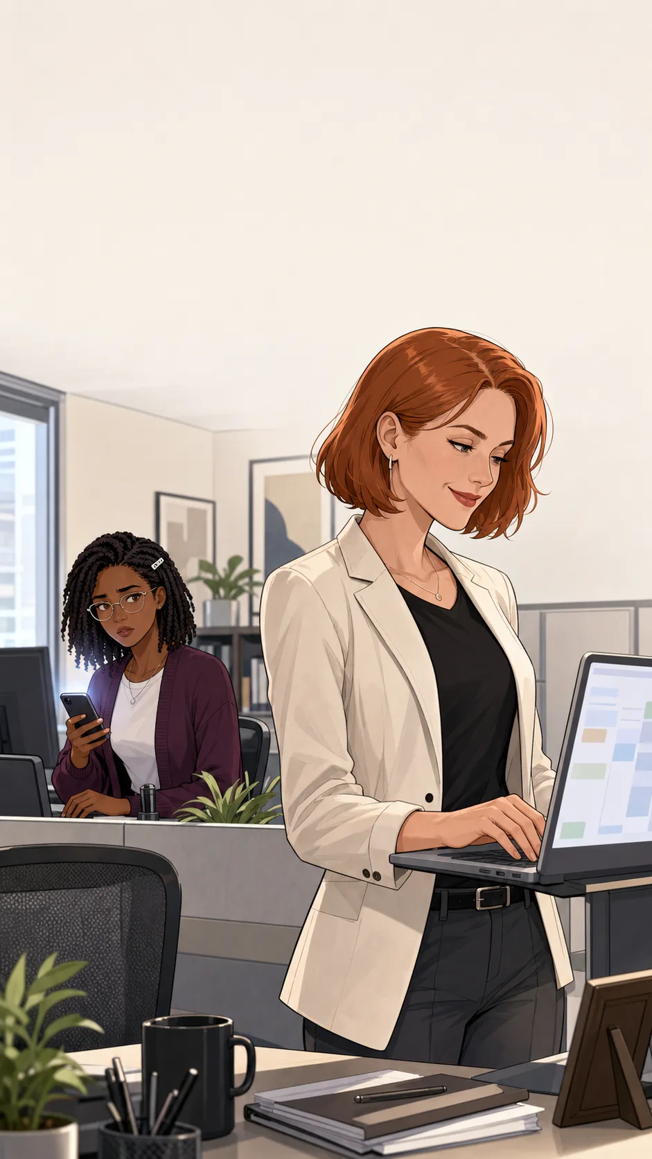 Sloane works at a generic office desk with an unreadable laptop while Mara notices from the background.