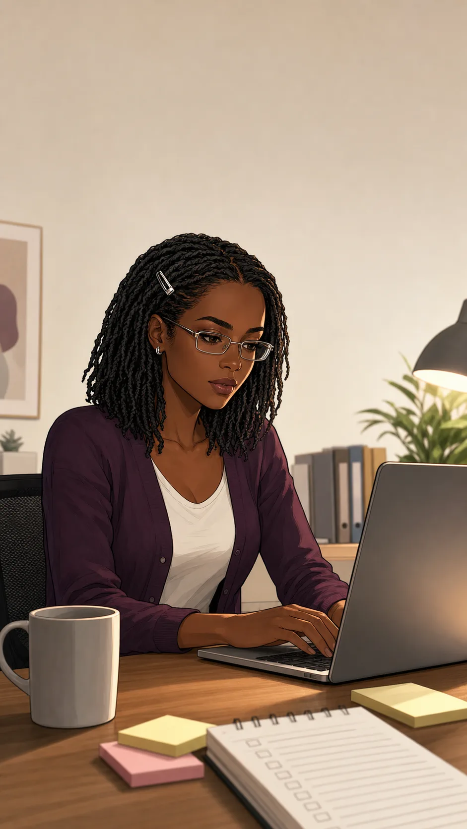 Mara types at a generic office desk with a turned-away laptop and unreadable checklist pages.