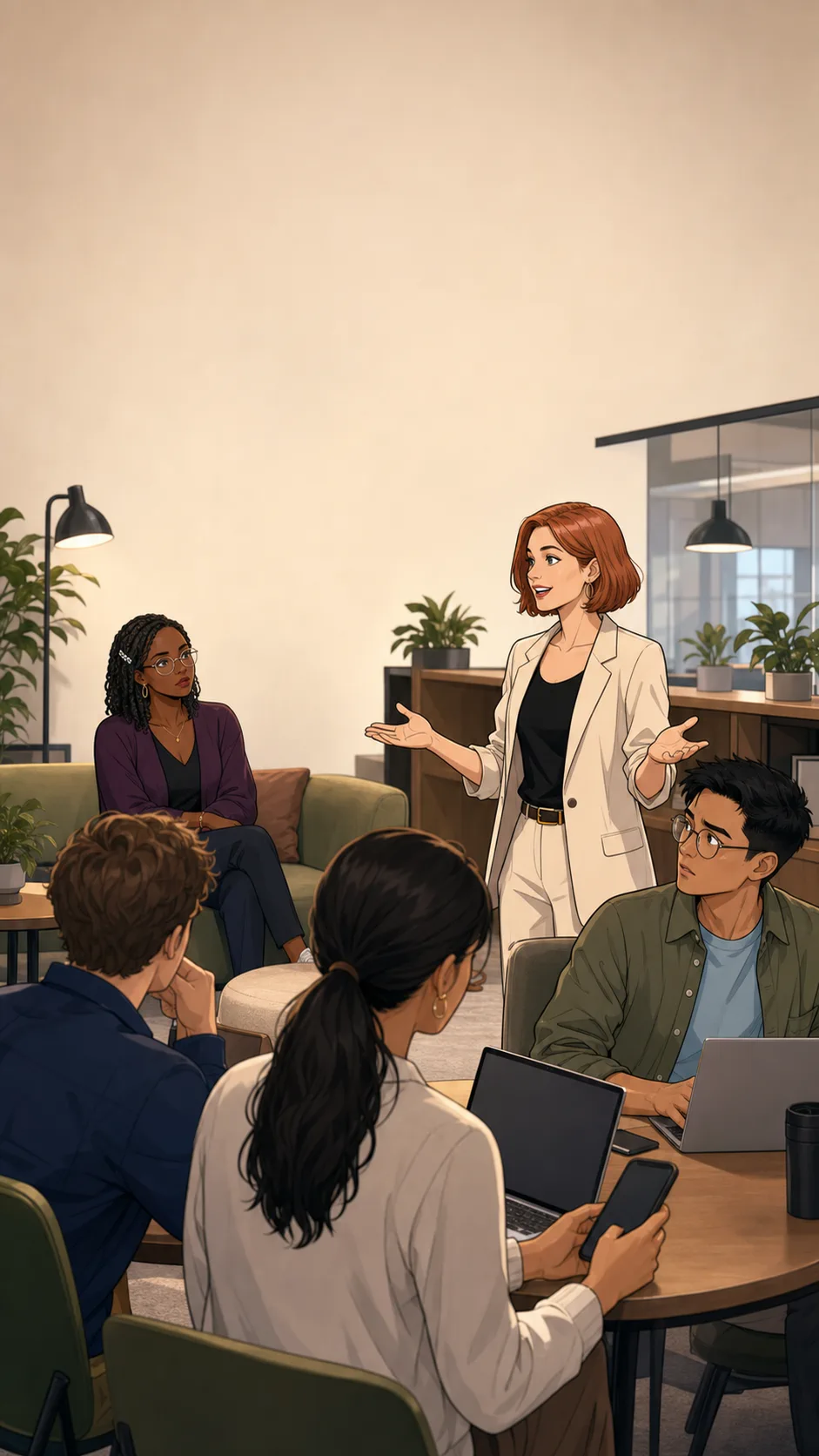 Sloane addresses coworkers in a generic office lounge while Mara looks quietly hurt across the room.