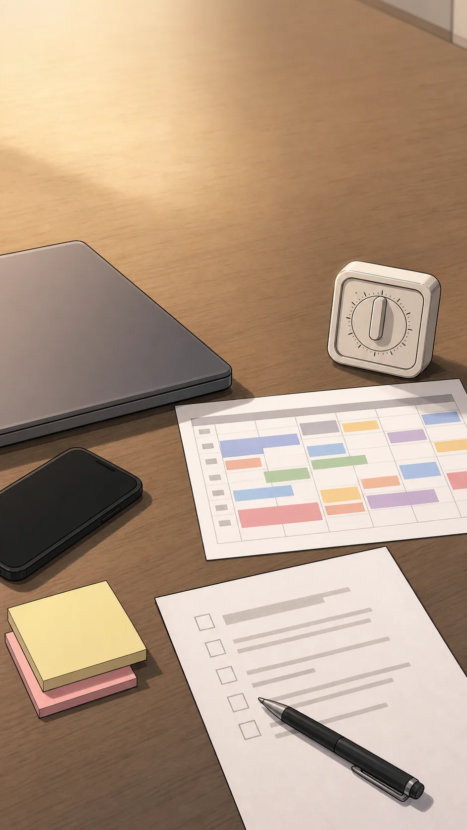 A generic office tabletop holds a closed laptop, face-down phone, blank timer, abstract calendar page, unreadable checklist, sticky notes, and an unbranded pen.