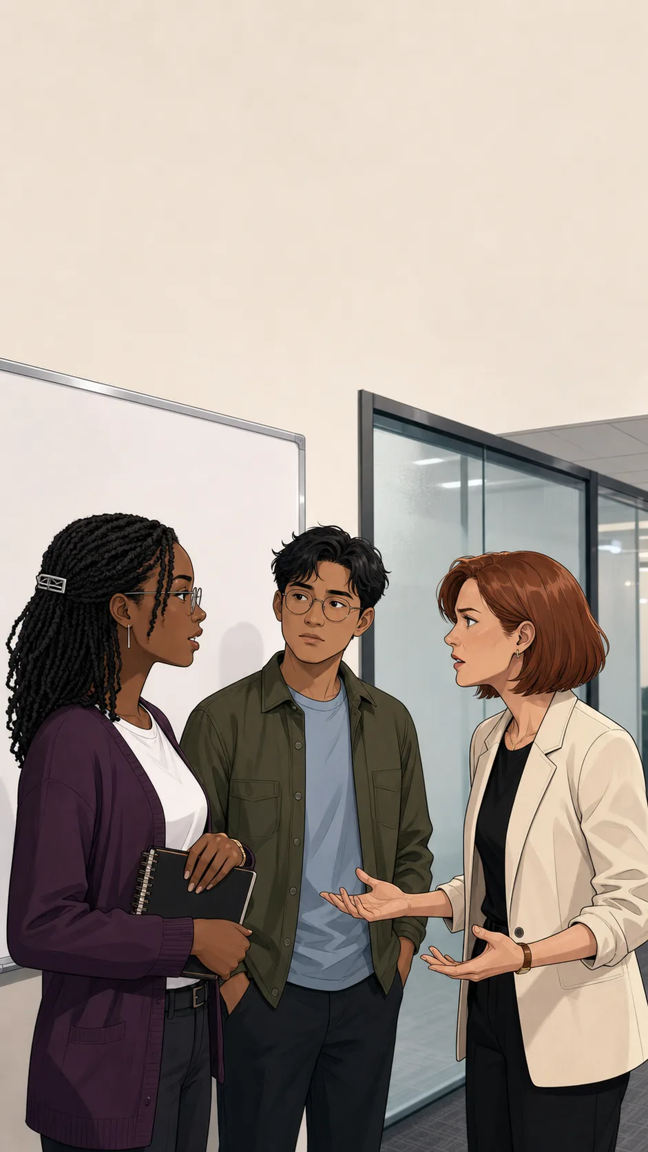 Mara and Sloane talk tensely in a generic office hallway while Theo listens between them.