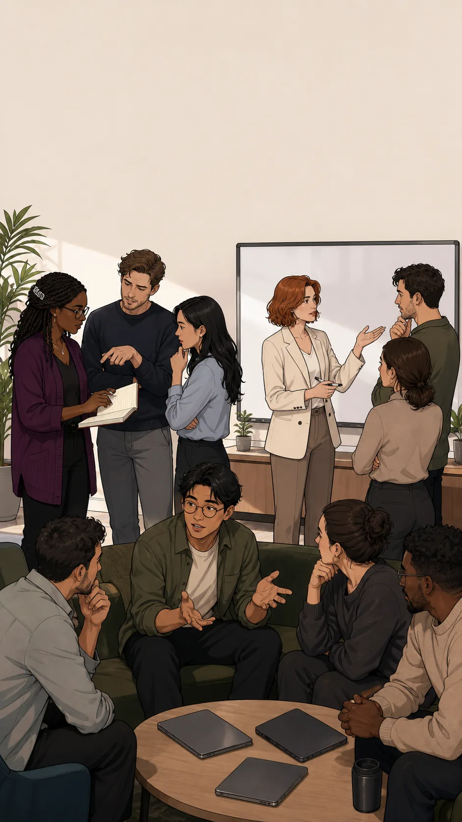 Mara, Sloane, Theo, and coworkers stand in a generic office lounge split into three opinion clusters.