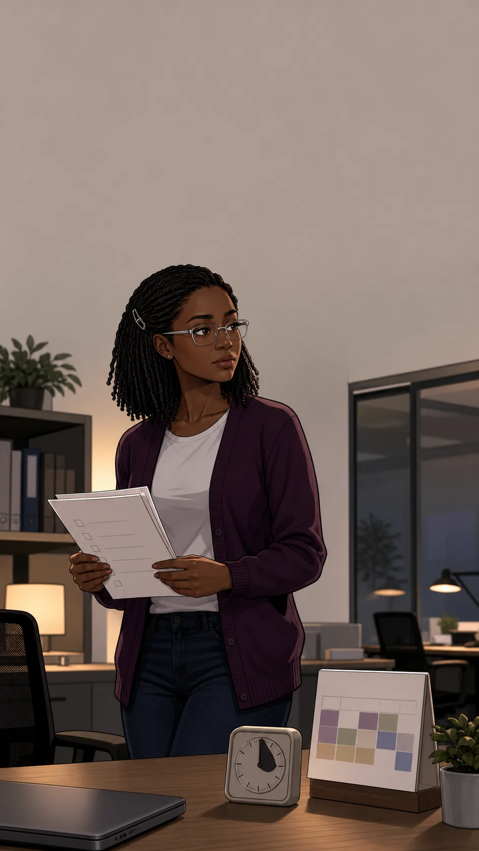 Mara stands thoughtfully beside a generic office desk with unreadable checklist pages and a blank calendar card.