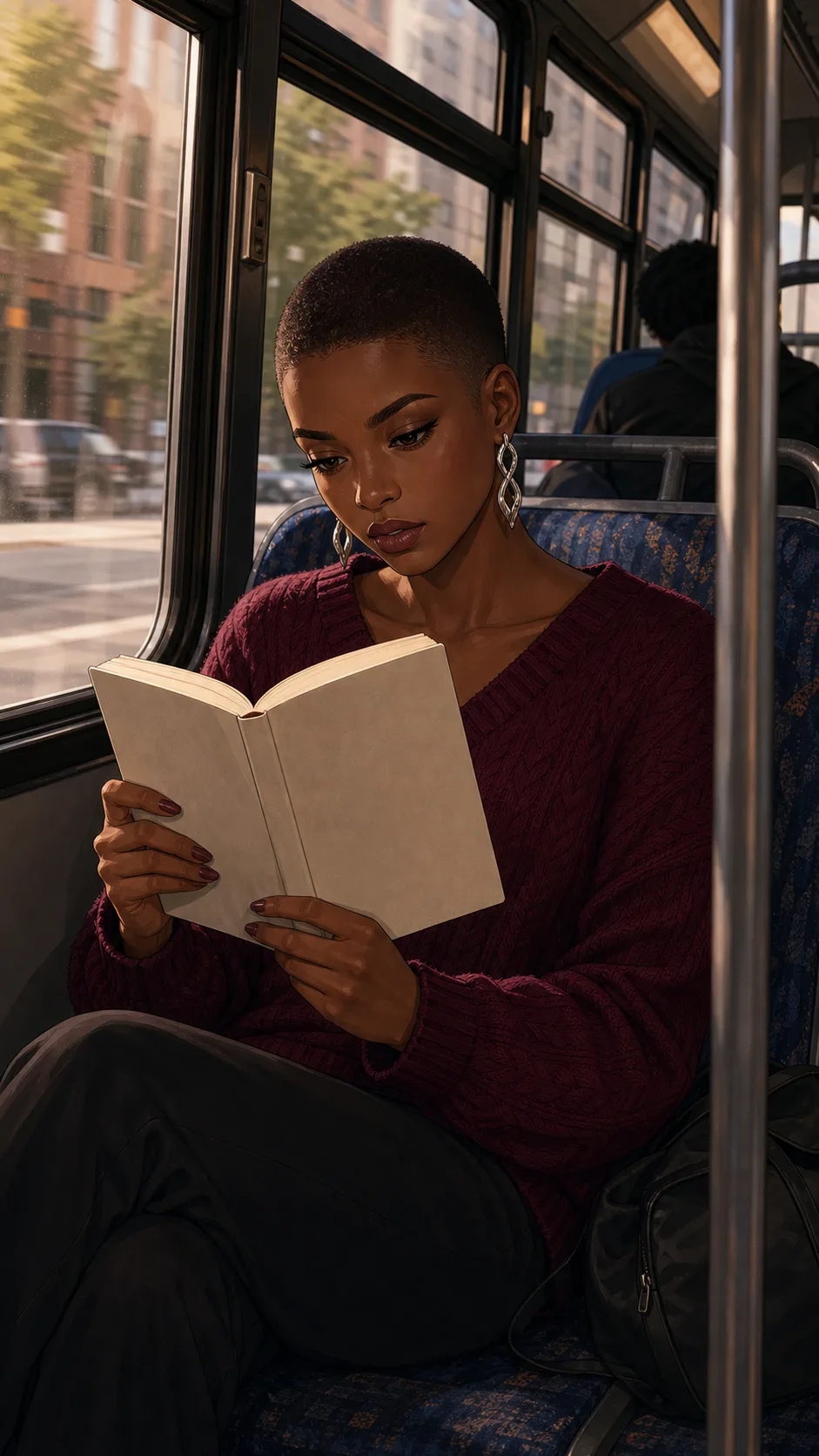 Etta reads a plain book on a bus.
