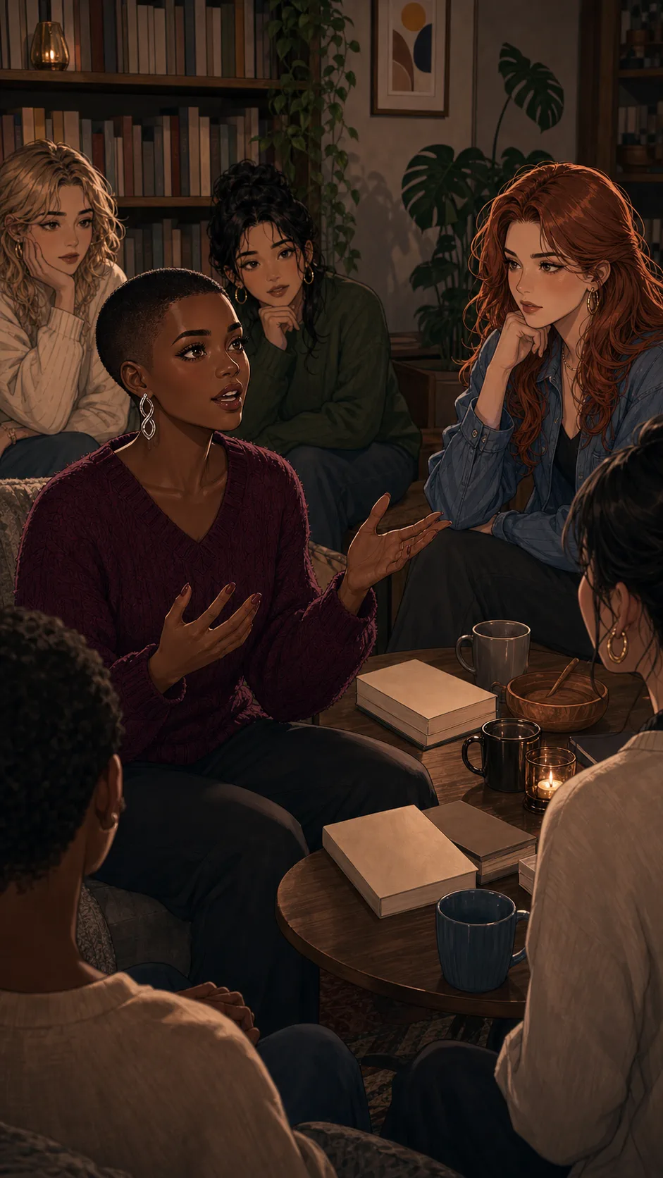 A small book club discusses a novel in a living room.