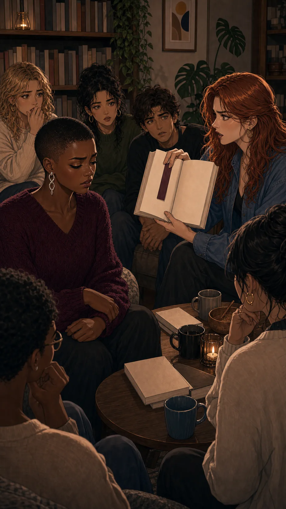 Jade holds up a book with a bookmark while Etta looks uncomfortable.