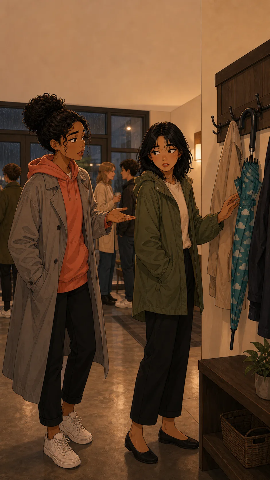 Jules gestures toward Mara's teal umbrella on a plain lobby hook while Mara hesitates in a generic community room lobby.