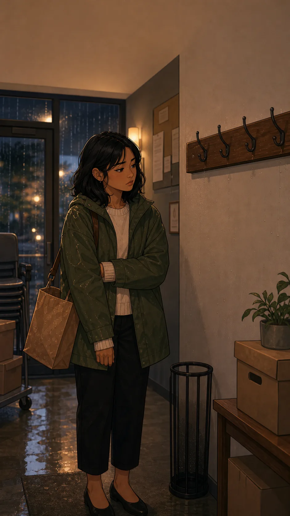 Mara stands under an empty umbrella hook in a generic lobby while rain streaks down a plain window.