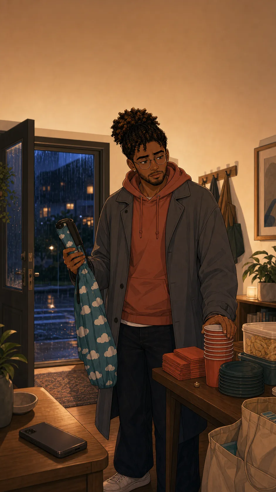 Jules stands in a dry generic apartment entryway holding Mara's folded teal umbrella while rain falls outside.