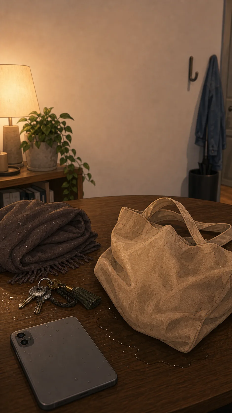 A damp blank paper tote, wet keys, a folded scarf, and a face-down phone sit on a generic apartment table with an empty umbrella hook blurred behind them.