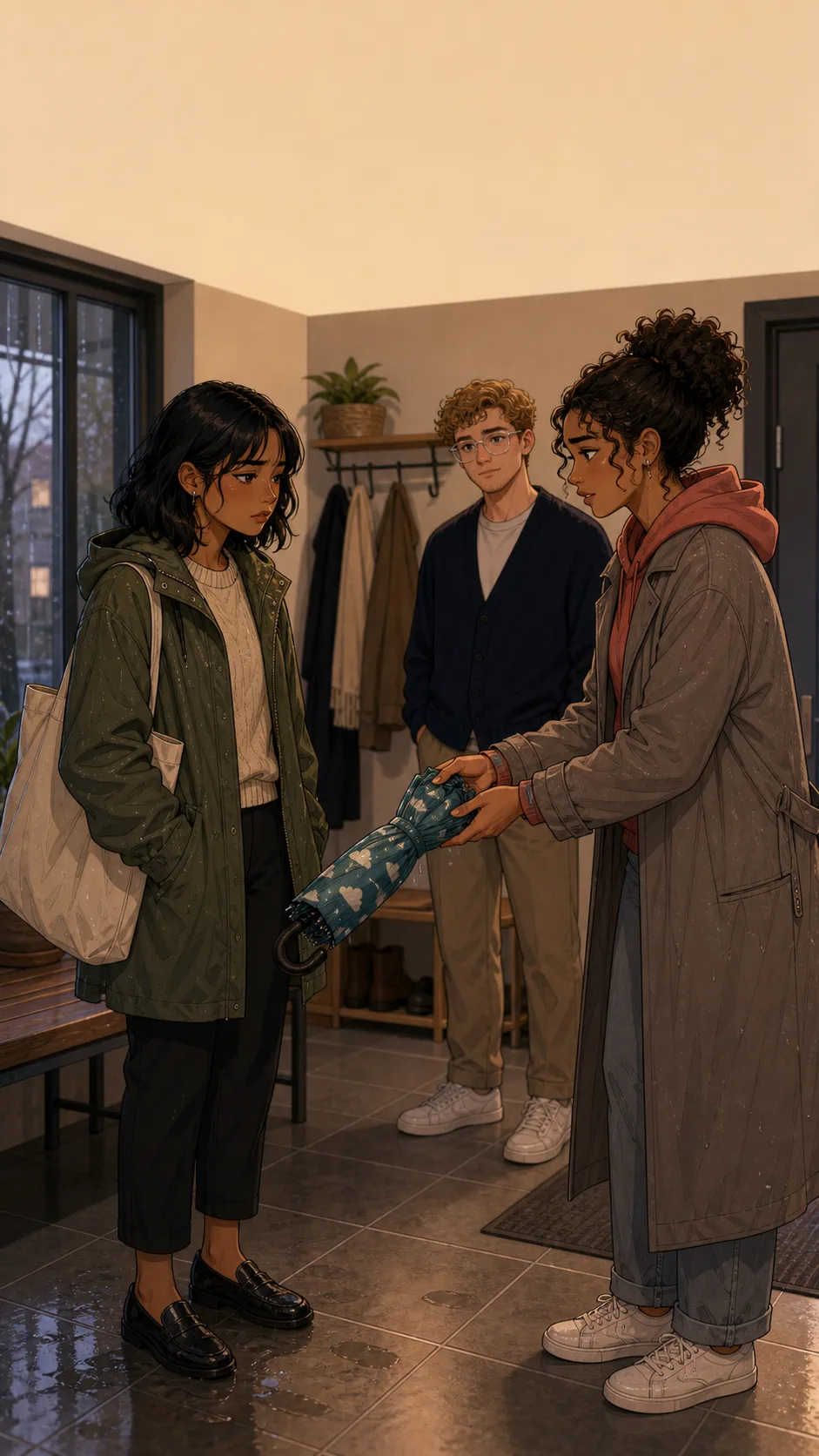 Jules returns a folded teal umbrella to Mara in a generic apartment building lobby while Ben watches calmly nearby.