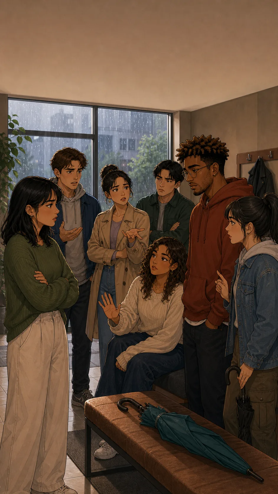 Mara, Jules, Ben, and three friends stand in a generic rainy apartment lobby visibly split into three opinions around a folded teal umbrella.