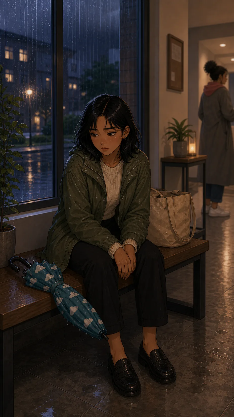 Mara sits on a plain lobby bench beside her returned teal umbrella while rain streaks down a generic window.