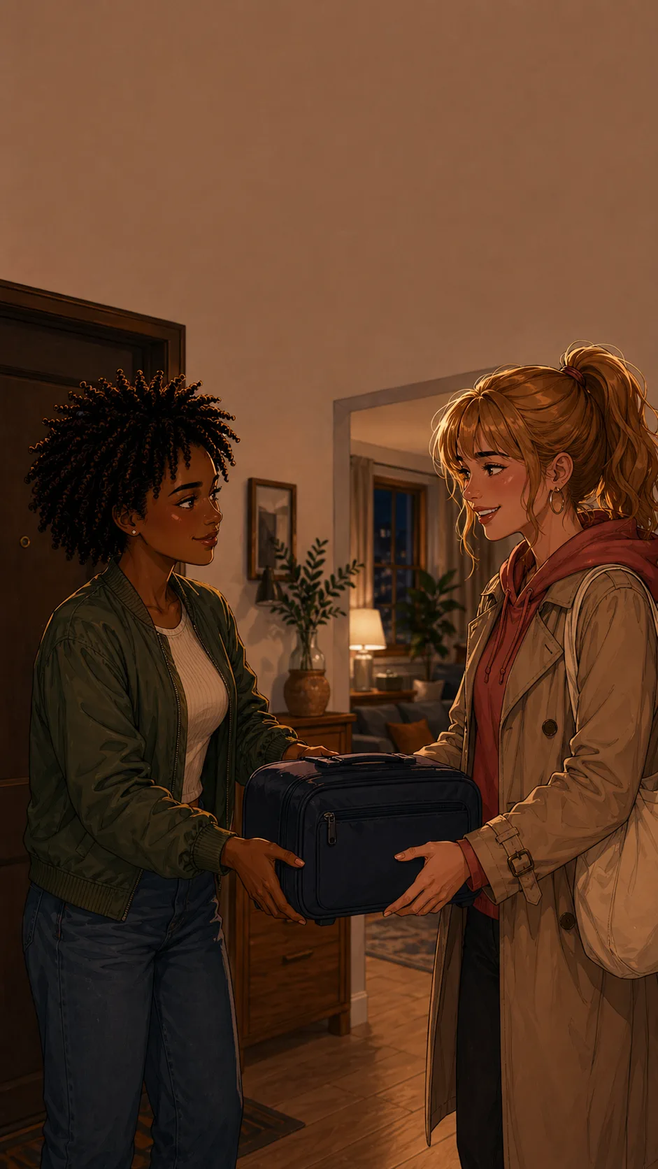 Ari lends Harper a small navy suitcase in a generic apartment hallway.