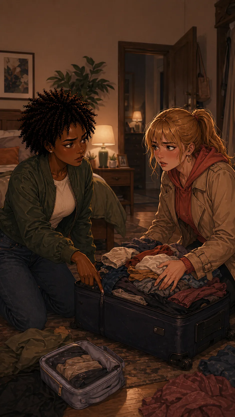 Ari points to the expansion zipper of a suitcase while Harper packs clothes on a bedroom floor.