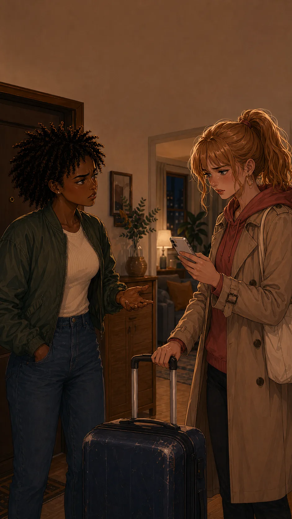 Harper returns a scuffed suitcase to Ari while holding her phone with the screen facing herself.