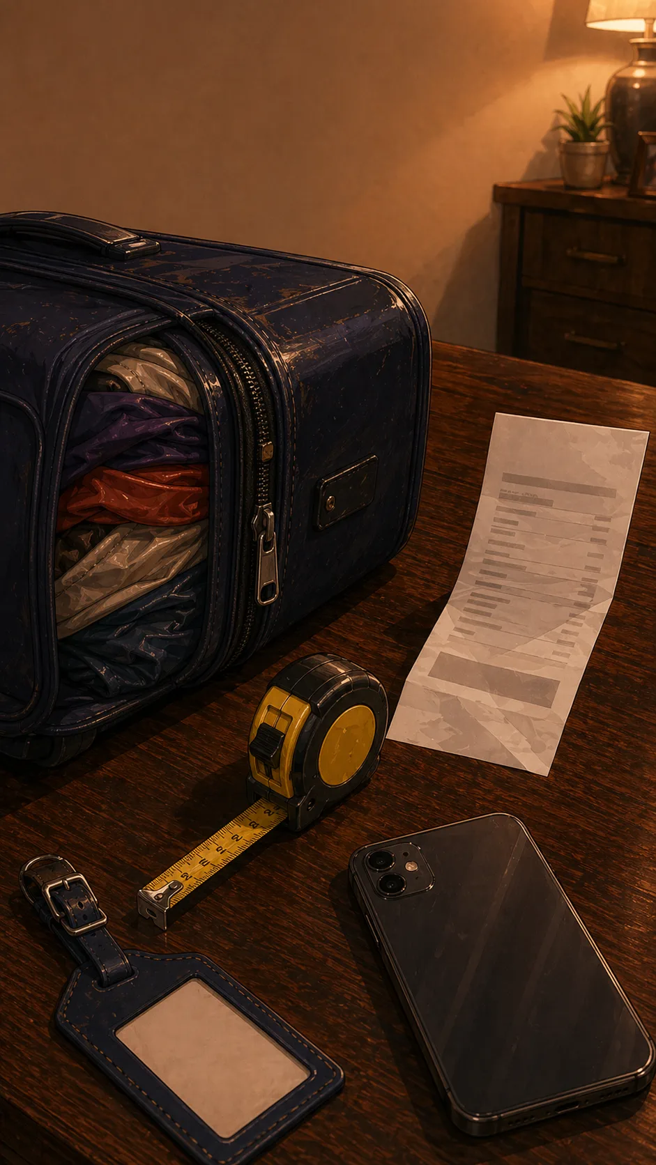 A tabletop evidence montage shows a navy suitcase, expansion zipper, unreadable fee receipt, tape measure, blank luggage tag, and face-down phone.