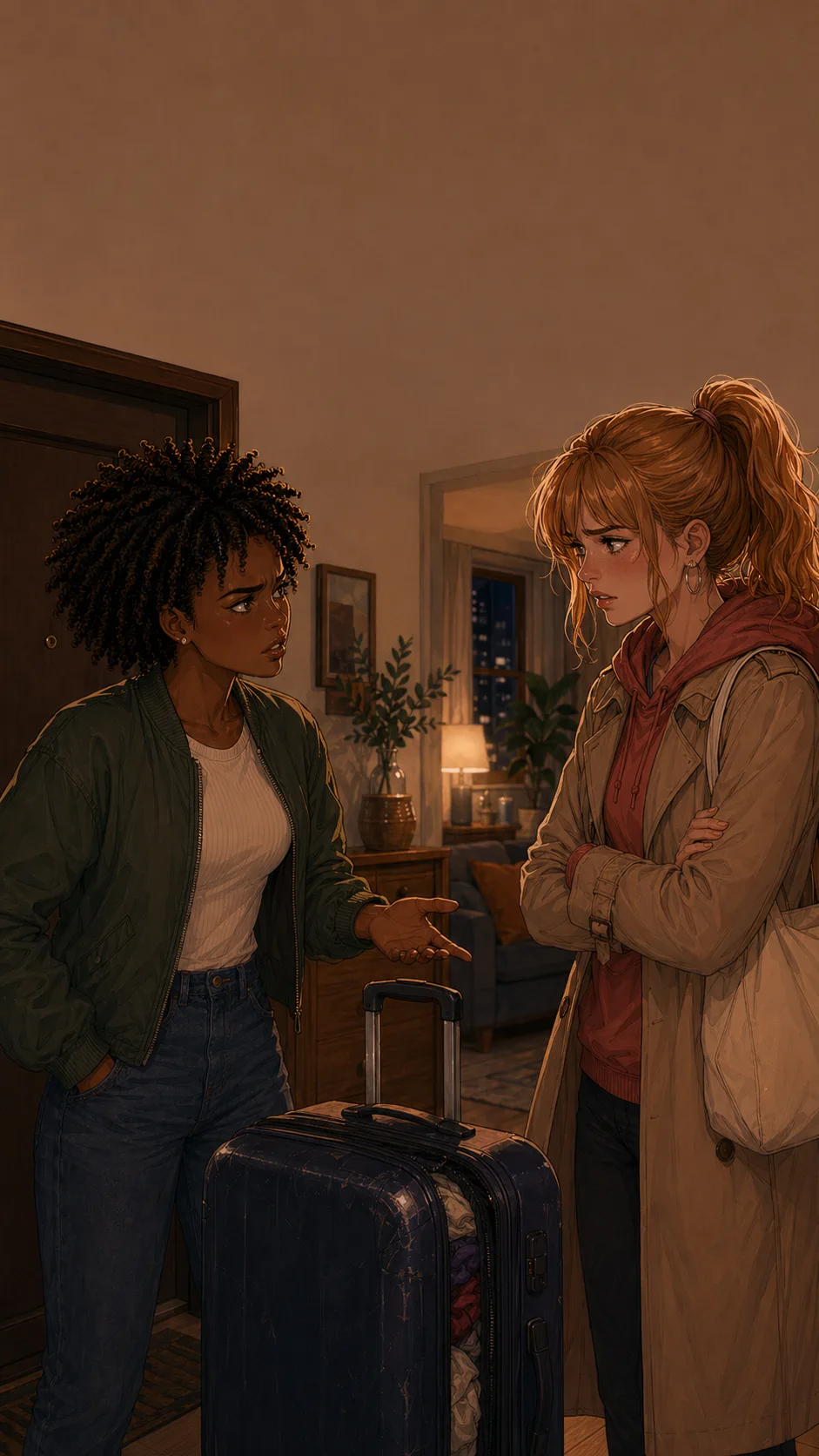 Ari and Harper argue in a generic living room with a navy suitcase standing between them.