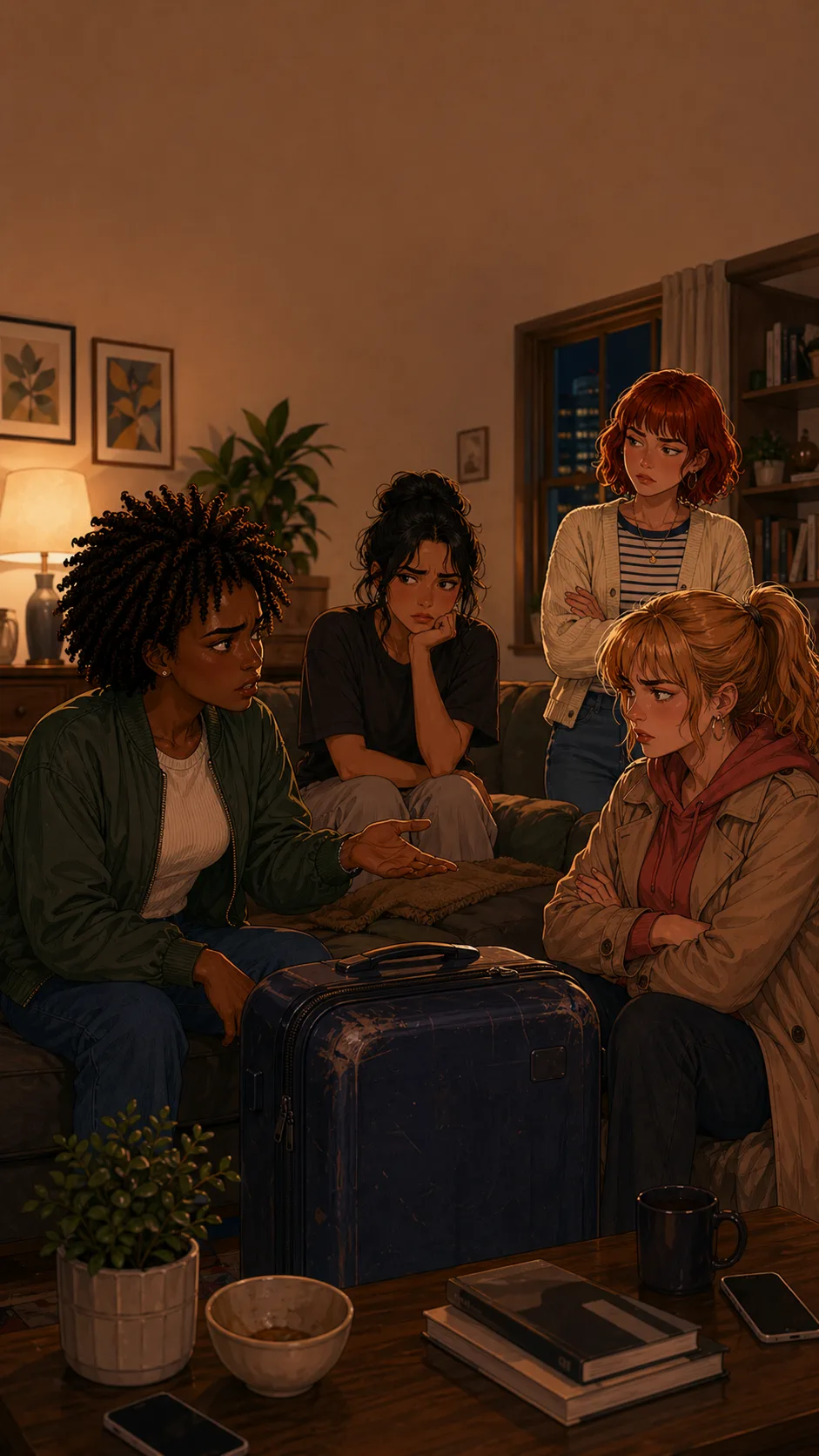 Ari, Harper, and two friends sit around a living room with a navy suitcase between them as reactions split.