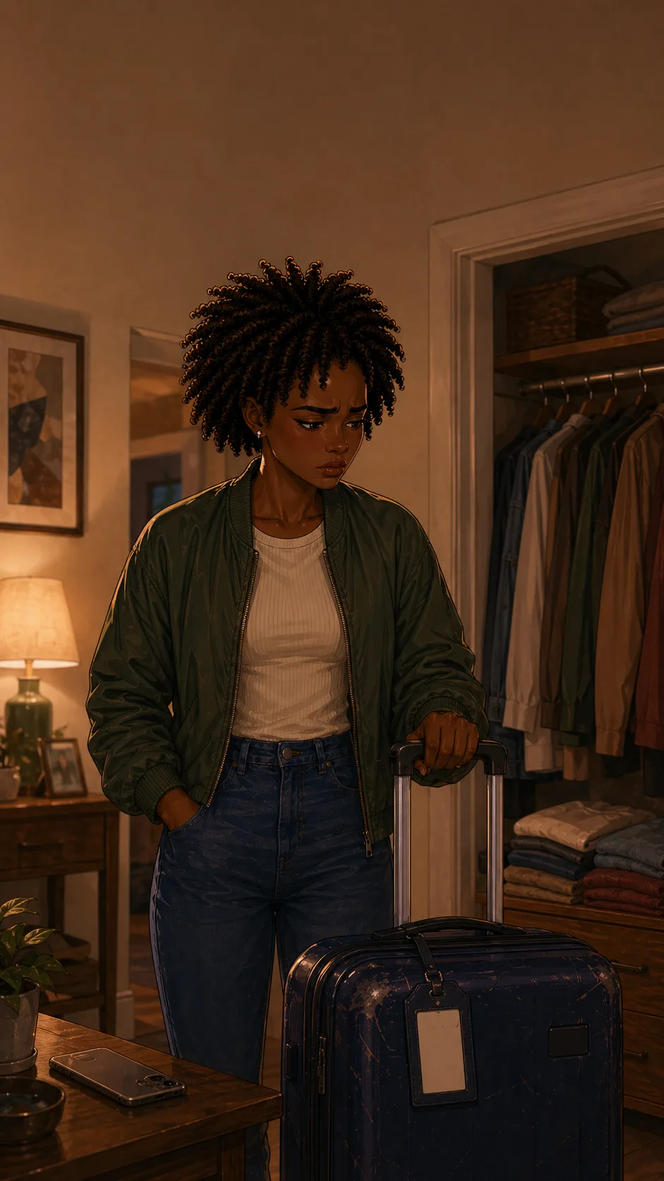 Ari stands by a closet with the navy suitcase back in place, deciding what to do about the fee.