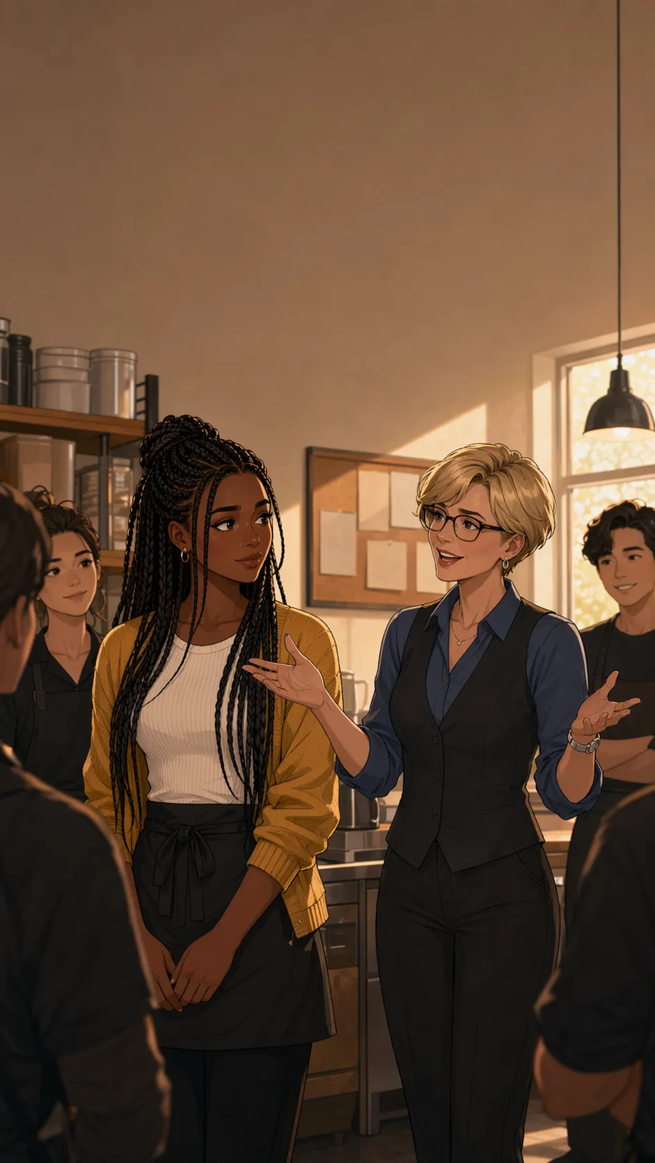 Dana gives a team speech in a cafe back room while Lena listens in her apron.