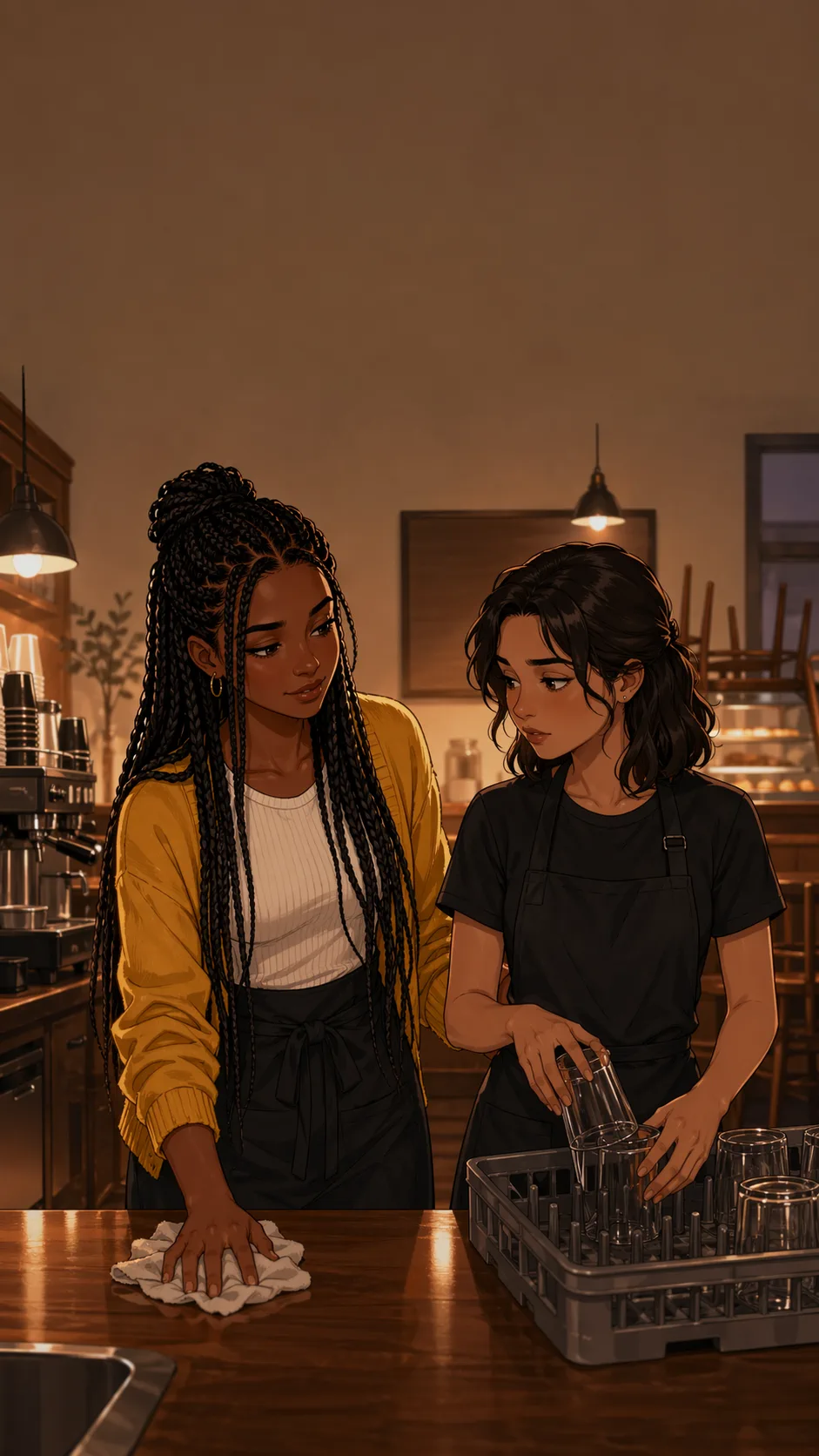 Lena wipes a cafe counter at closing while helping a new hire learn the routine.