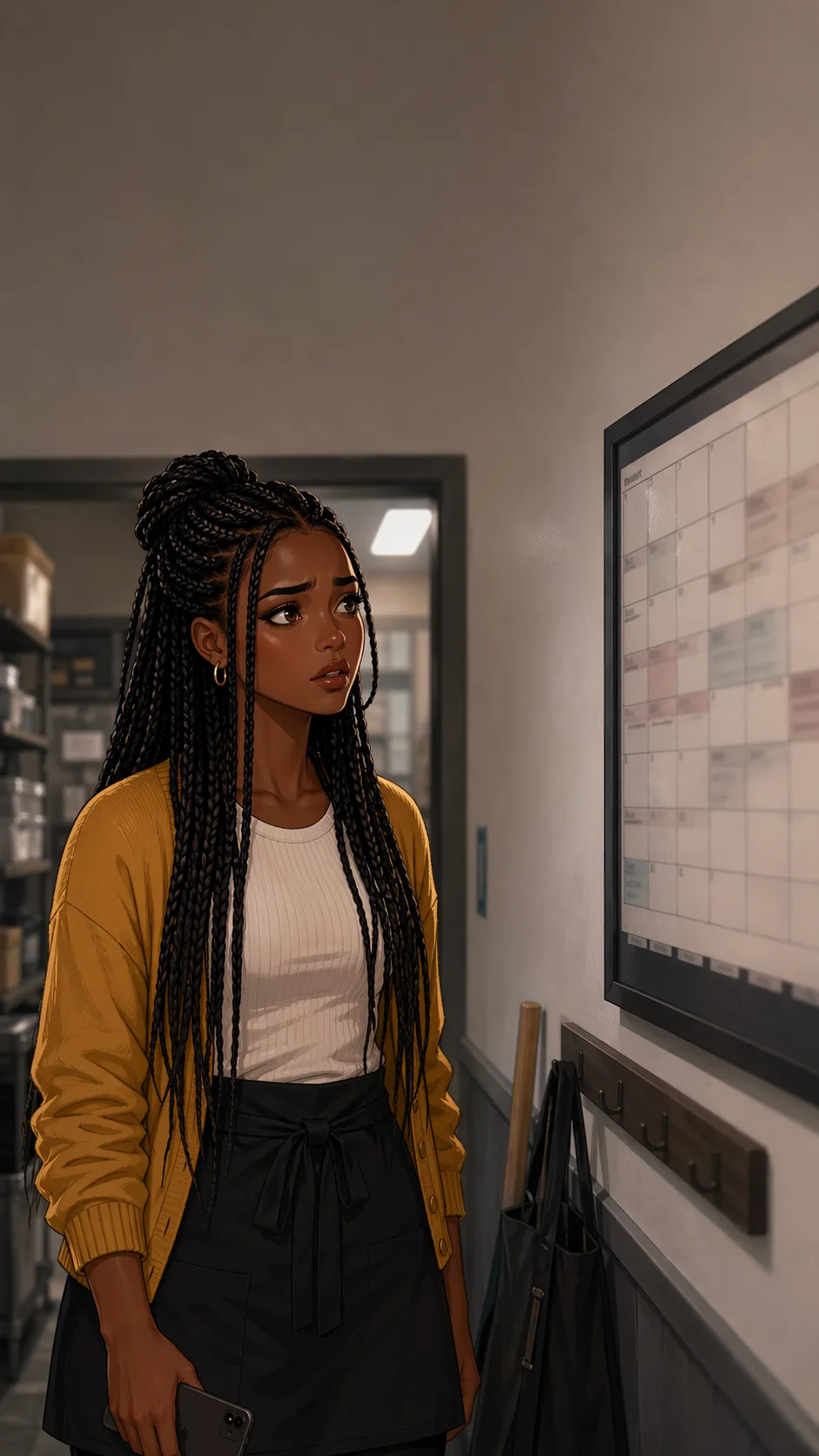 Lena stares at a blurred cafe schedule board with a stunned expression.
