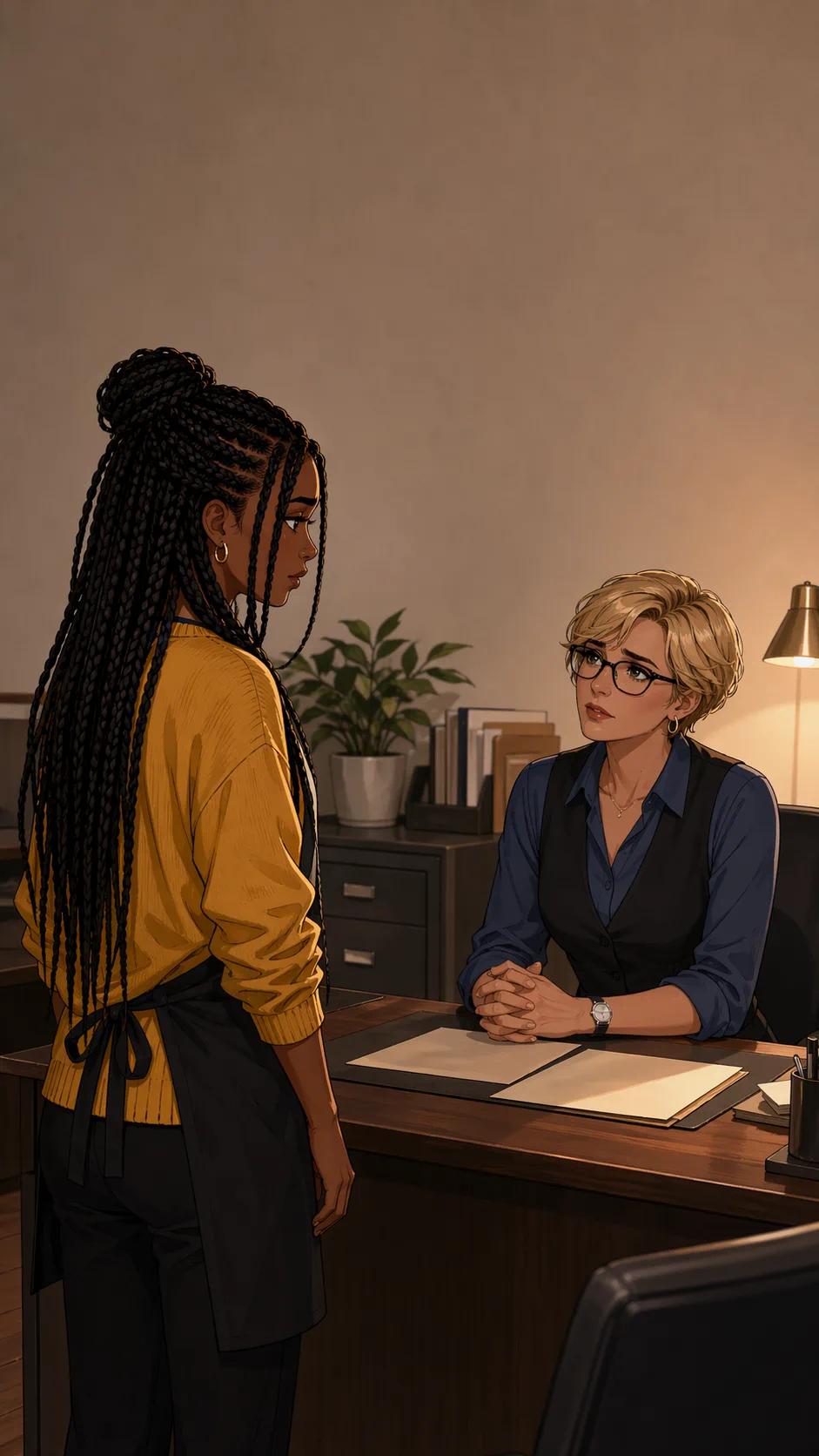 Dana speaks to Lena in a small cafe office while Lena stands tensely across from her.