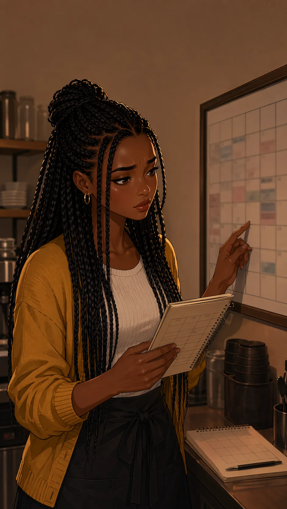 Lena compares a blurred schedule board with notes and realizes her shifts went elsewhere.