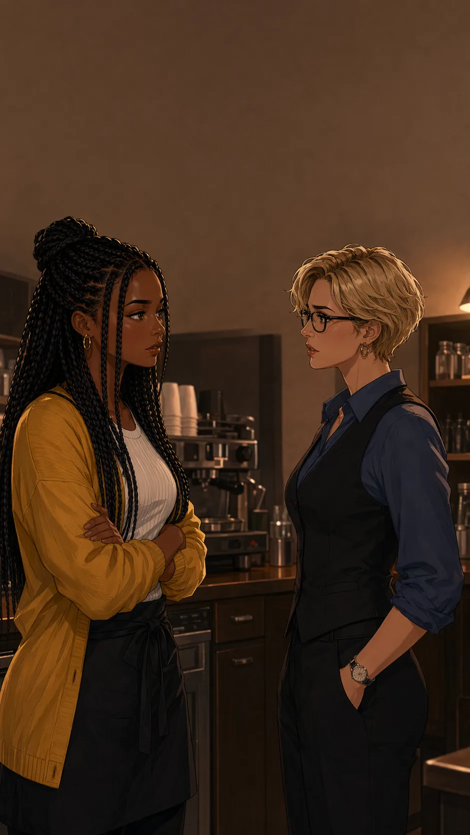 Lena calmly confronts Dana near a cafe counter after closing.