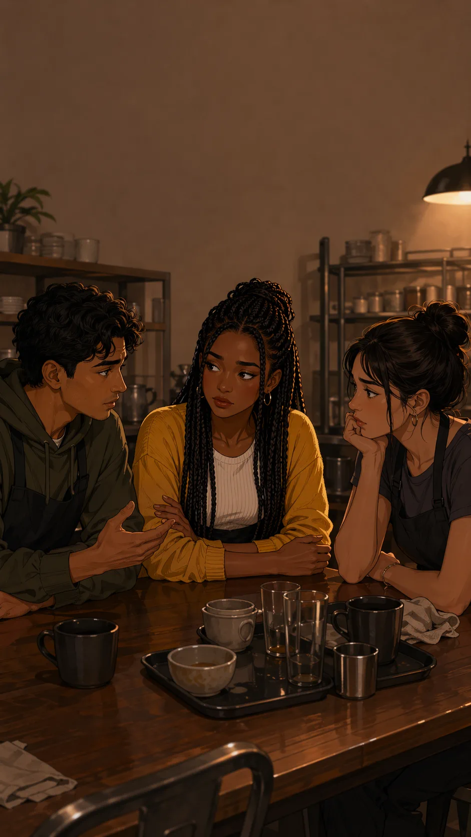 Lena sits with coworkers at a cafe staff table while they discuss the schedule conflict.