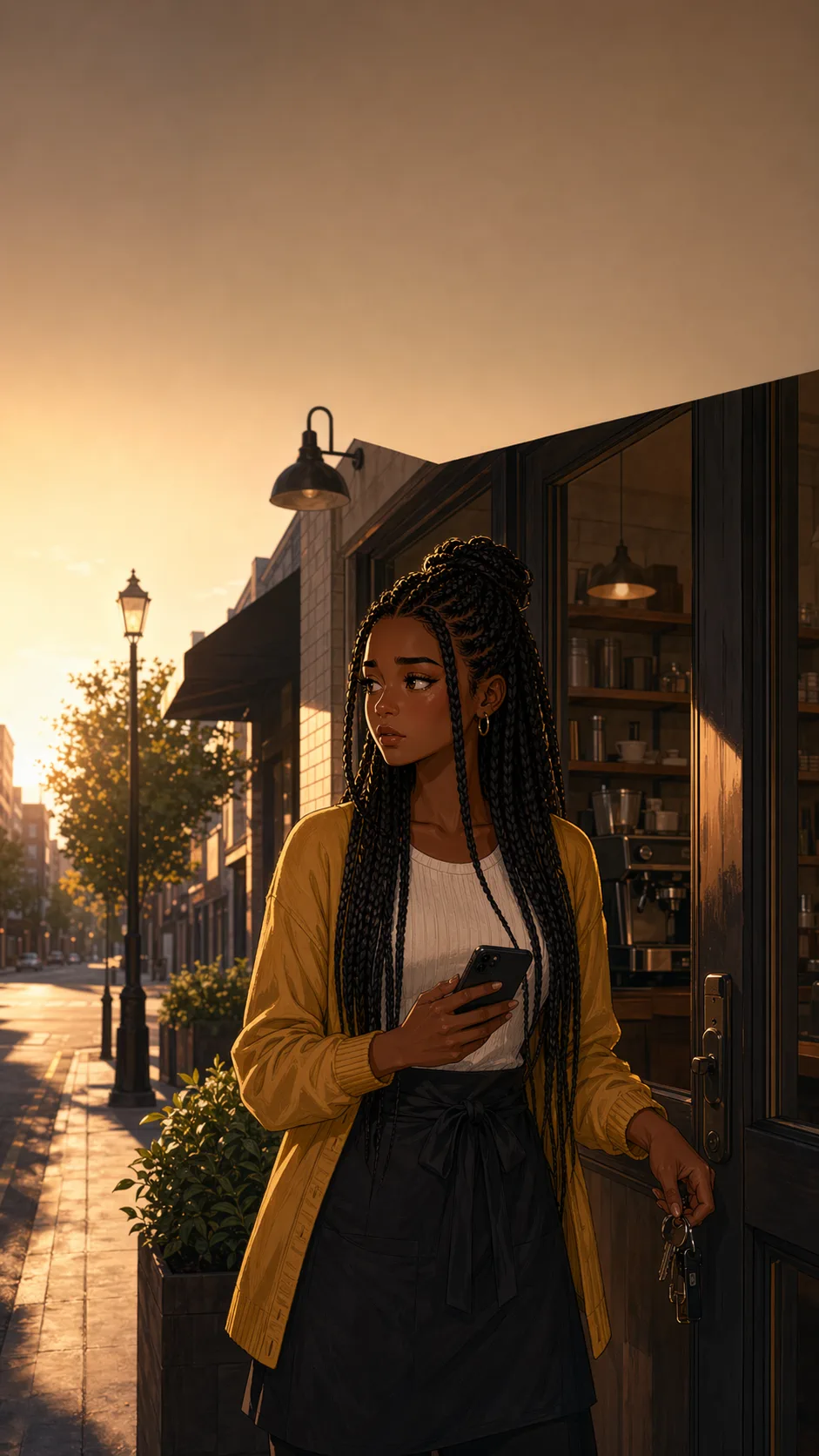 Lena stands outside a generic cafe at morning light with her phone and keys.