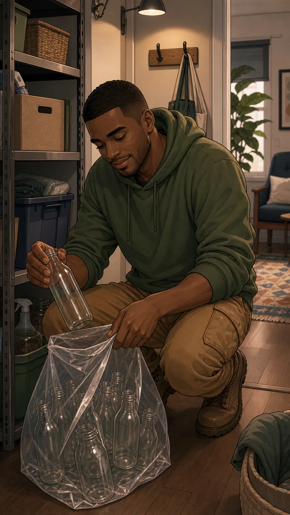 Reese adds clean bottles to his saved return bag.