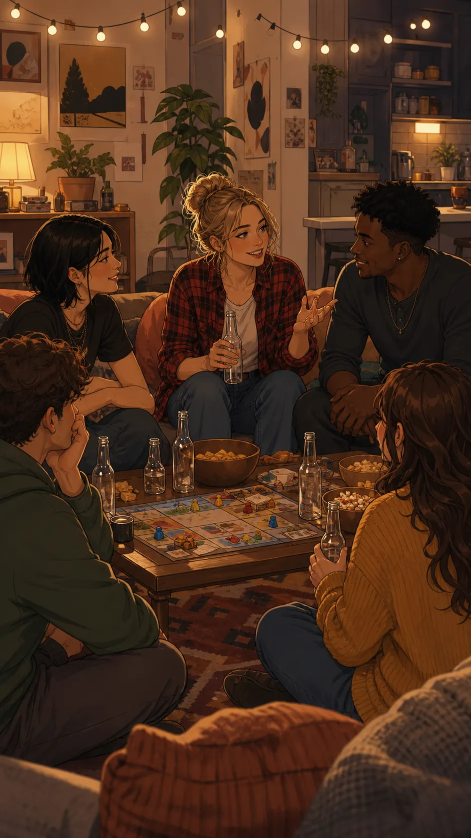 Jada hosts a casual roommate game night with bottles and snacks.
