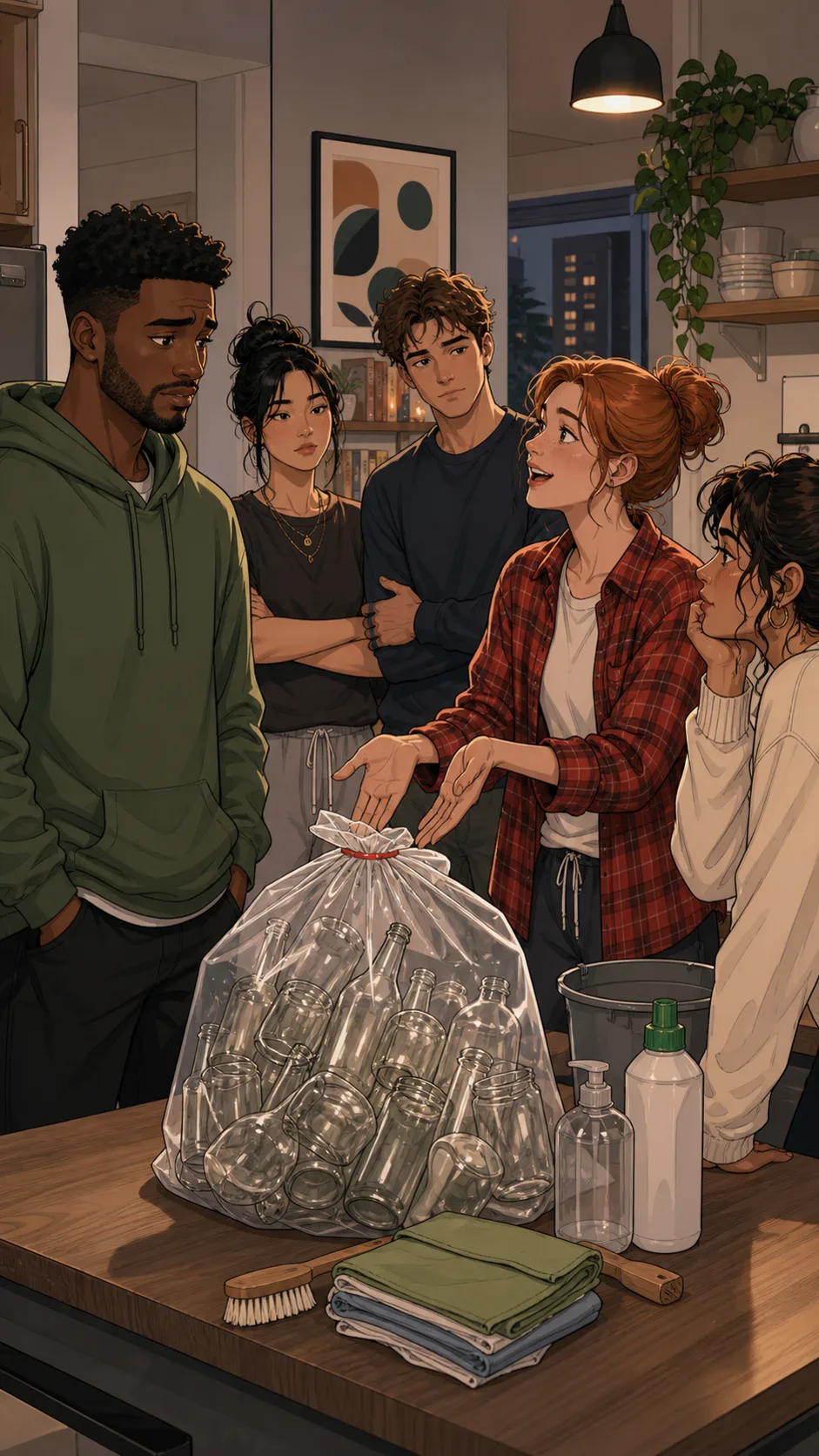 Roommates gather around the bottle return bag and cleaning supplies.