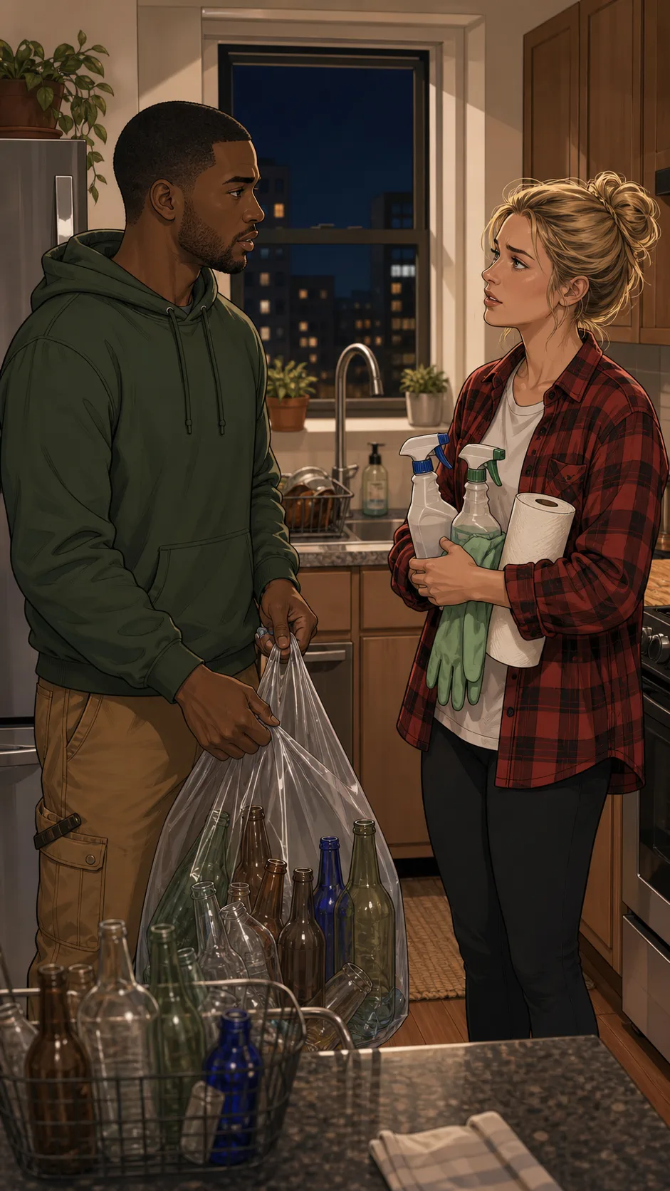 Reese and Jada discuss whether the bottle return money should cover cleanup.