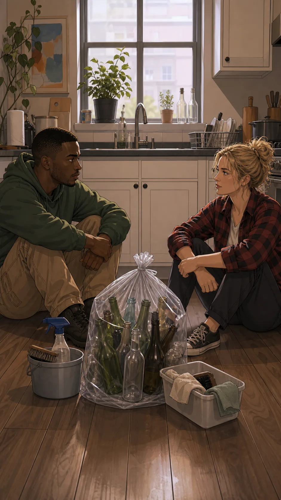 Reese and Jada sit thoughtfully with the bottle return bag and cleanup supplies.