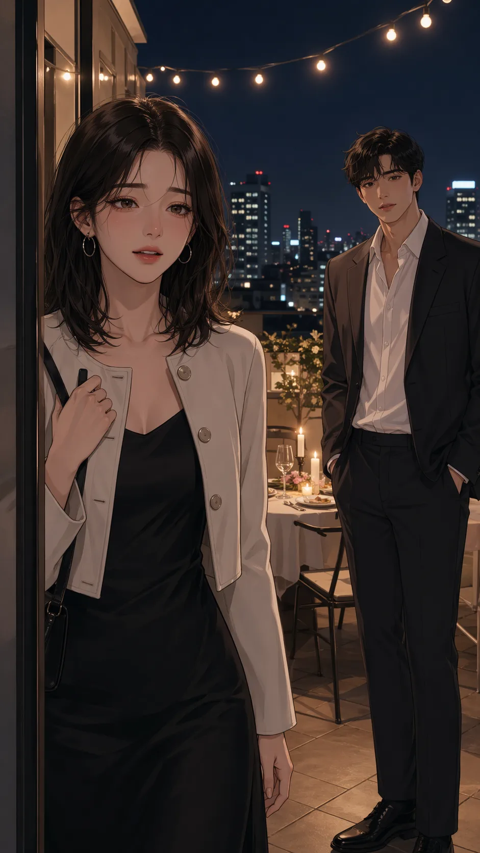 A young woman steps onto a softly lit rooftop terrace and sees a candlelit dinner waiting.