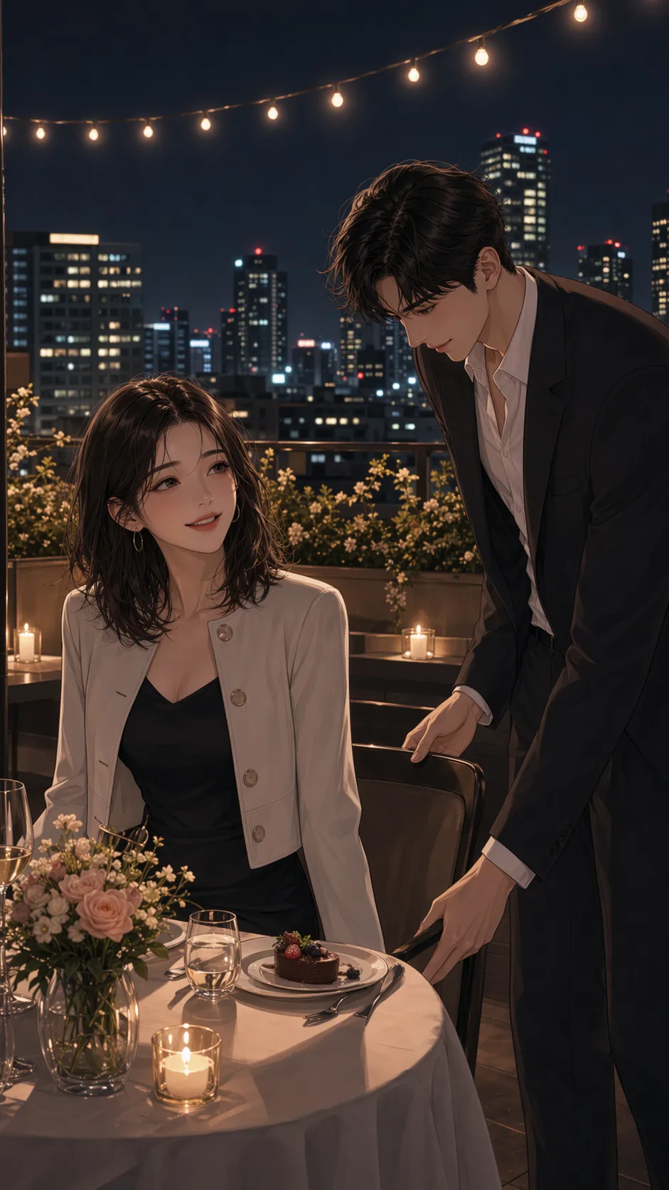 A couple settles into a candlelit rooftop dinner as the woman finally starts to relax.