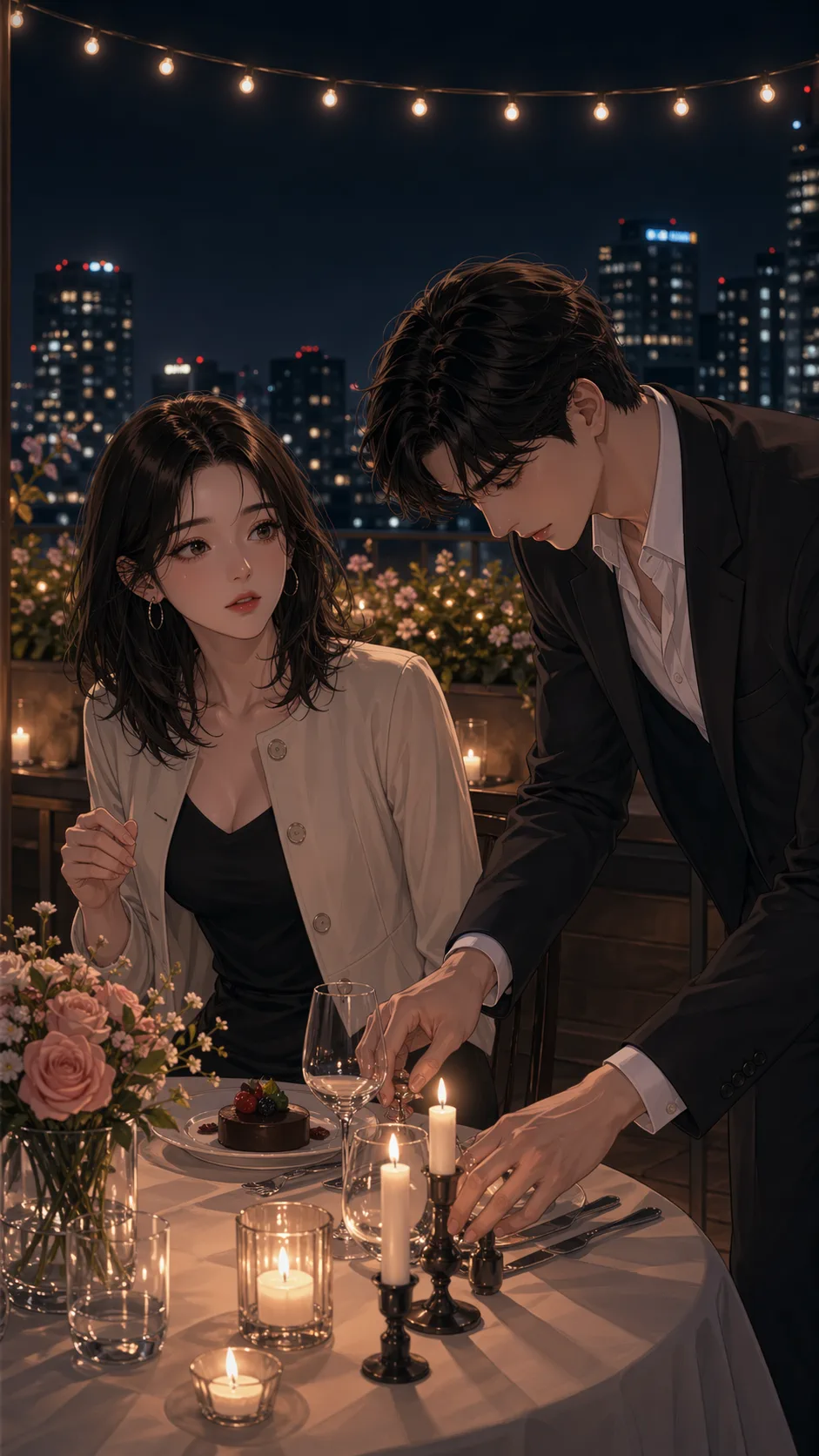 At the table, the boyfriend carefully rearranges the candles and glasses while the woman watches in confusion.
