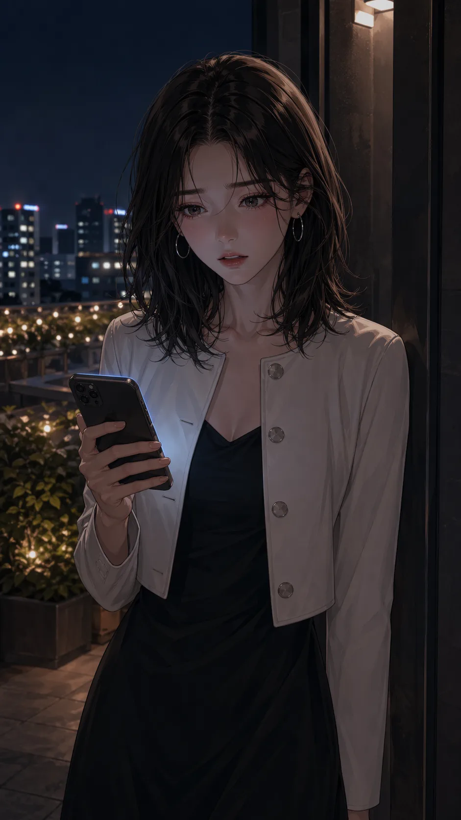 Alone in a quiet rooftop corner, a woman stares at a glowing phone in shock.