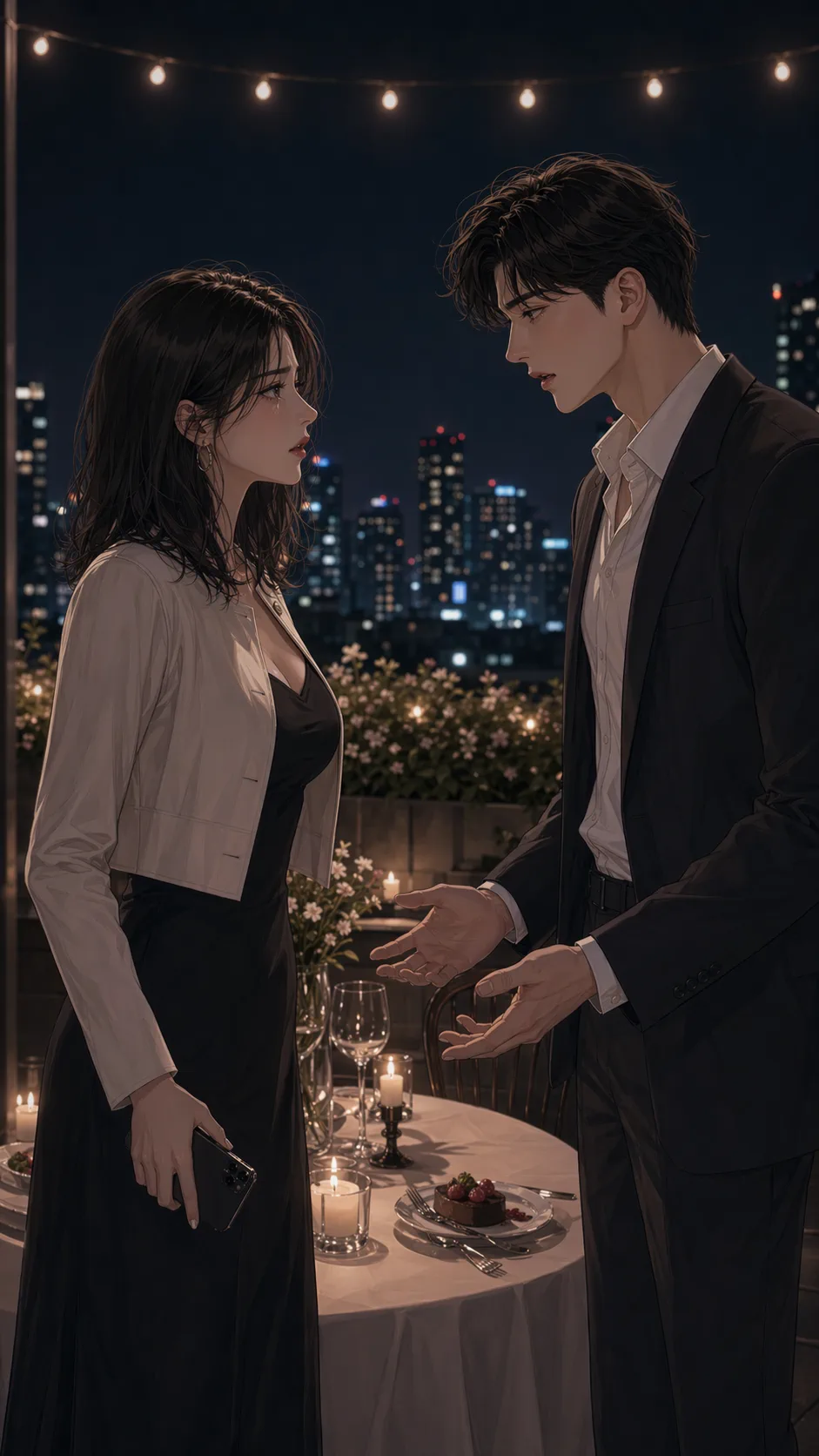 A couple argues beside a candlelit rooftop table after a painful discovery.